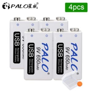 Аккумуляторная крона батарейка 6F22 9V Palo 650 mAh - 4шт. с зарядкой через Micro USB кабель